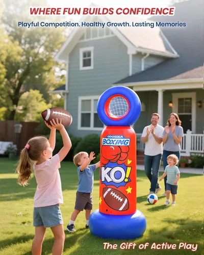 Vista 6 de Saco de boxeo inflable para niños, bolsa de boxeo independiente 2 en 1 con juego de lanzamiento de fútbol, juguete de karate taekwondo resistente