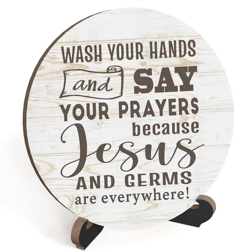 Vista 13 de Letrero rústico y divertido de baño con soporte, texto en inglés «Please Be Neat And Wipe The Seat», letrero con cita para inodoro de granja