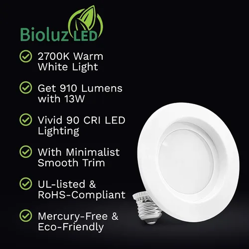 Vista 3 de Bioluz LED Lámpara empotrable LED regulable de 4 pulgadas, 13 W, 90 CRI, lámpara de techo LED de 2700 K, 910 lúmenes, con certificación UL JA8 CEC