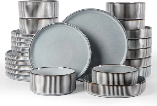 Vista 48 de Juego de vajilla Famiware Star con tazas, servicio para 4 (16 piezas), platos y cuencos de gres acanalado, resistentes a las astillas y a