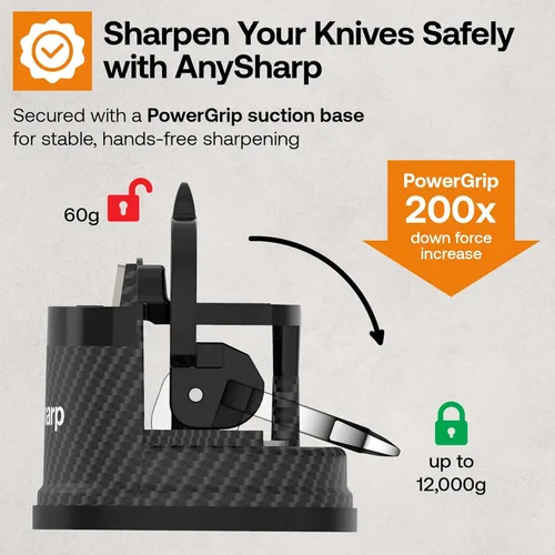 Vista 5 de AnySharp – EDICIONES – Afilador de cuchillos manos libres - Herramienta de afilado fácil de usar con base de succión PowerGrip y ángulo