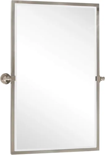 Vista 14 de Espejo rectangular de baño con marco de metal dorado cepillado, espejos de tocador biselados inclinables para pared, total 23.9 x 24 pulgadas