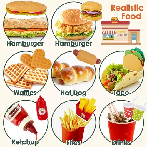 Vista 3 de BUYGER Juguetes de Comida Rápida de Juguete para Niños Pequeños Niños Accesorios de Cocina de Juguete Conjunto de Juego Juguetes de Comida
