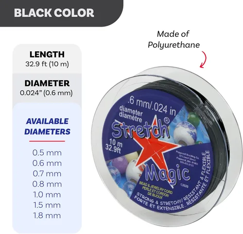Vista 3 de Cordón elástico para cuentas Stretch Magic – Color negro, 0.6mm de diámetro, 10 metros (32 pies) – Hilo fácil de anudar, fuerte y elástico
