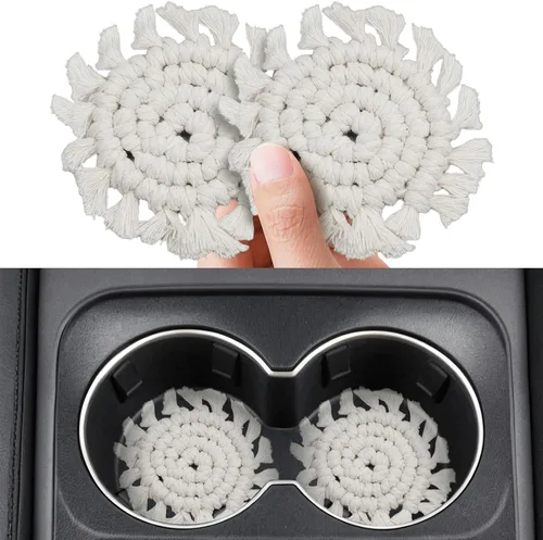 Portavasos para automóvil, paquete de 2, posavasos de algodón para portavasos de automóvil, soporte de macramé bohemio, accesorios para interiores