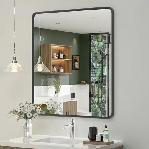 Vista 34 de OKPAL Espejo de Baño con Marco de Metal Negro de 40 x 36 Pulgadas para Pared, Espejo de Tocador de Baño Negro Mate, Espejo Rectangular Redondeado