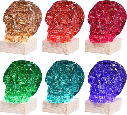 Vista 2 de Rompecabezas de cristal de calavera 3D, rompecabezas de cráneo con base de madera iluminada para decoraciones de Halloween al aire libre, bloques