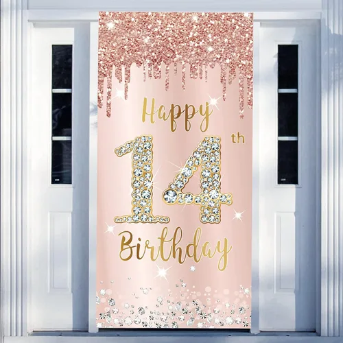 Vista 18 de Decoración de Puerta de Cumpleaños Número 85 para Mujer, Cubierta de Puerta Rosa Oro Rosa Feliz 85 Cumpleaños, Suministros de Fiesta, Cartel