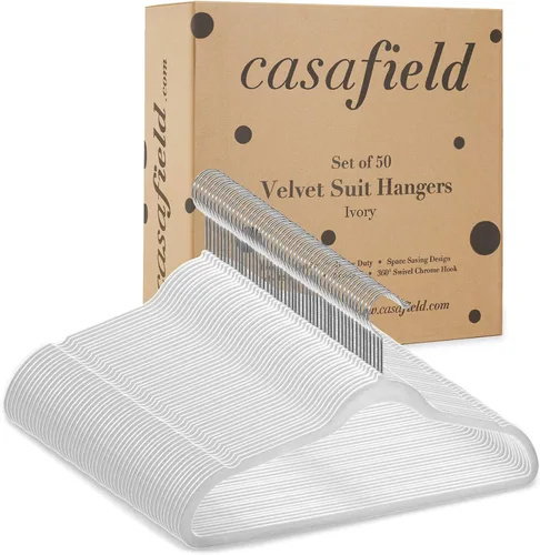 Vista 7 de Casafield 100 perchas de terciopelo marfil para trajes, ahorro de espacio, antideslizante y gancho giratorio para ropa, abrigos, pantalones