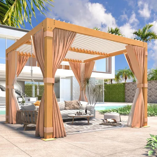 Vista 6 de MELLCOM Pérgola con Persianas – Pérgola de Aluminio de 10 x 10 pies con techo de persianas ajustables y cortinas y redes impermeables