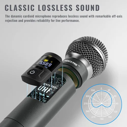 Vista 4 de Phenyx Pro Sistema de micrófono inalámbrico, juego de micrófono inalámbrico de metal con 4 micrófonos inalámbricos, frecuencias ajustables UHF de 4
