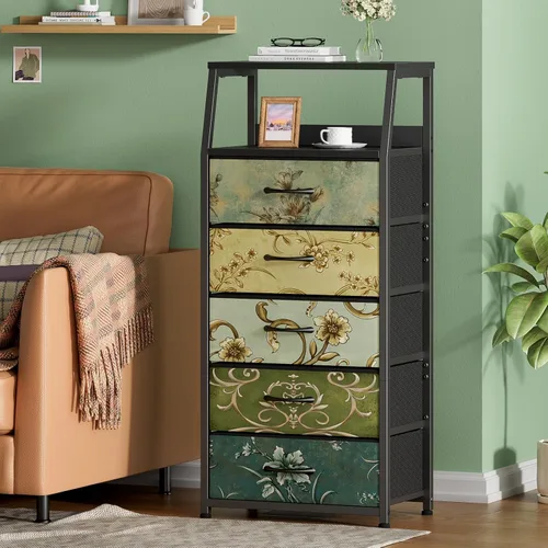Vista 22 de Furnulem Cómoda negra con 5 cajones, cómoda de tela de torre de almacenamiento vertical para dormitorio, pasillo, entrada, guardería, organizador