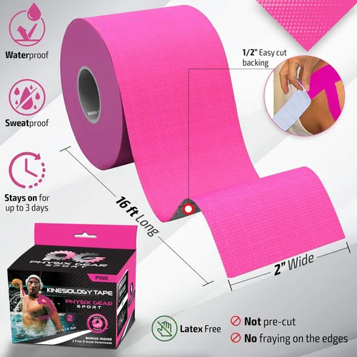 Vista 8 de Physix Gear Sport Kinesiology Tape (2 Pack or 1 Pack), Best Waterproof Muscle Support Adhesive, 2in x 16.4ft Roll Uncut, Physio Therapeutic Aid for