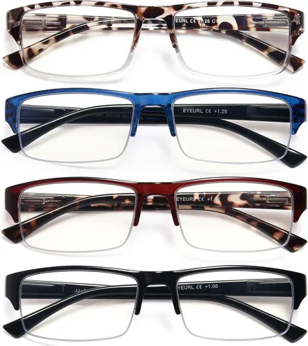 EYEURL Paquete de 4 lentes de lectura con luz azul de medio marco para hombres, lectores rectangulares sin montura para mujeres, lentes de bisagra