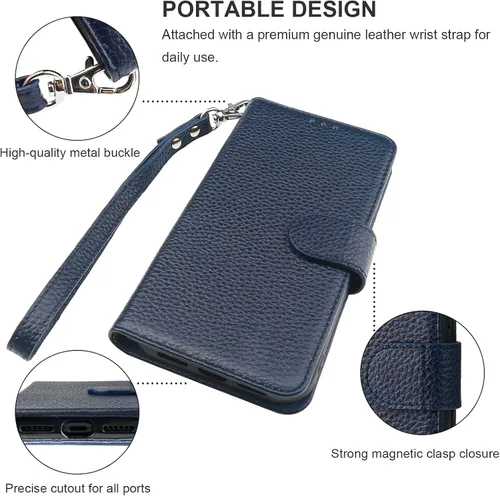 Vista 6 de Bocasal Funda de piel auténtica tipo cartera para iPhone 11, carga inalámbrica, bloqueo RFID, soporte para tarjetas de crédito, función atril, funda