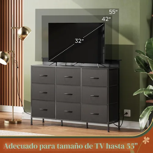 Vista 7 de WLIVE Cómoda Negra Soporte de TV para TV de 45, 50, 55 pulgadas, Centro de Entretenimiento con Luces LED y Estación de Carga, Cómoda con 9 Cajones