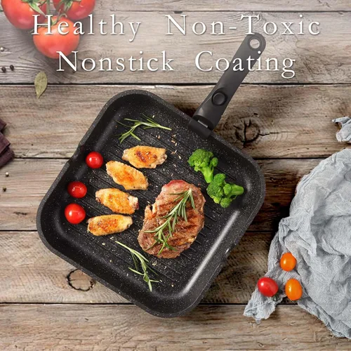 Vista 3 de ESLITE LIFE Sartén antiadherente con mango desmontable, versátil sartén cuadrada para cocinar en interiores y exteriores, libre de PFOA, negro, 11