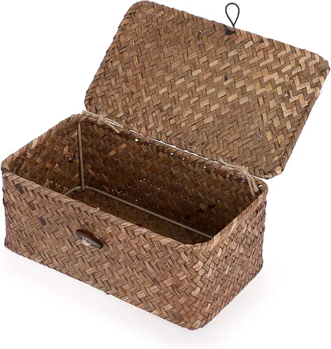 Vista 15 de Hipiwe Cesta de mimbre extra pequeña con tapa, cestas de almacenamiento de hierba marina natural, caja organizadora para el hogar, cesta