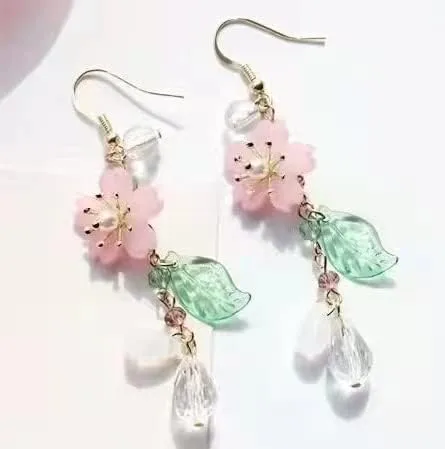 Vista 3 de Lindos pendientes de flor rosa pendientes de pétalo de doncella pétalo de cereza borla flores pendientes largos temperamento personalidad Stud