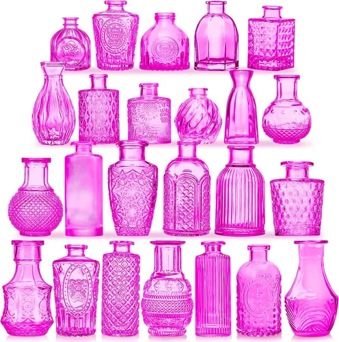 Vista 19 de KOIUEYW Juego de 24 jarrones de vidrio ámbar dorado, jarrones pequeños vintage para flores, estilo mini de cristal transparente a granel, pequeños