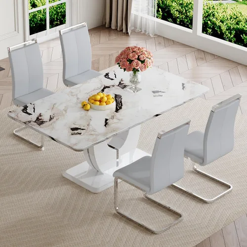 Vista 128 de JUFU Juego de mesa de comedor moderno para 4, juego de mesa de cocina rectangular de 63 pulgadas con mesa de mármol sintético y 4 sillas tapizadas