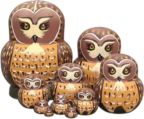 Vista 2 de Moonmo Juego de muñecas de anidación rusas hechas a mano con búho marrón, 10 uds