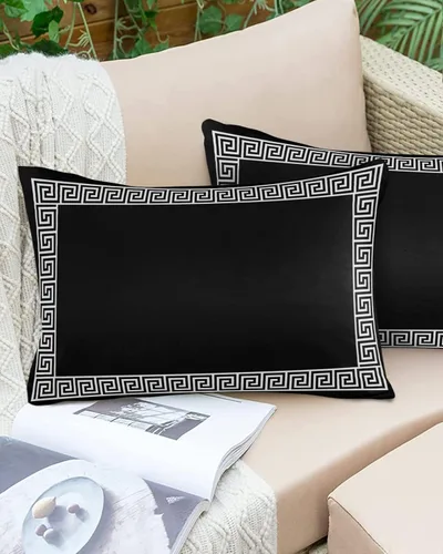 Vista 14 de Fundas de almohada modernas geométricas impermeables para exteriores, diseño abstracto de clave griega, color negro, blanco, fundas de cojín Beige