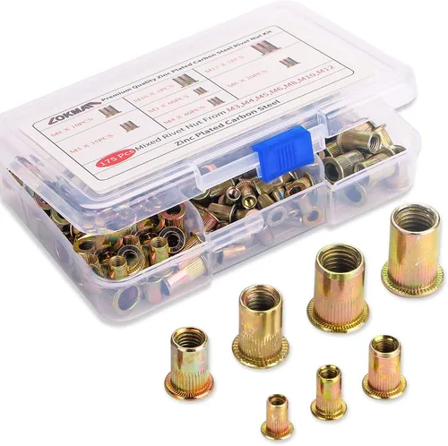 LOKMAN 175PCS Kit de Tuercas de Remache Métricas de Acero al Carbono de Cabeza Plana Roscada, Inserto Assortado en M3 M4 M5 M6 M8 M10 M12, Cuerpo