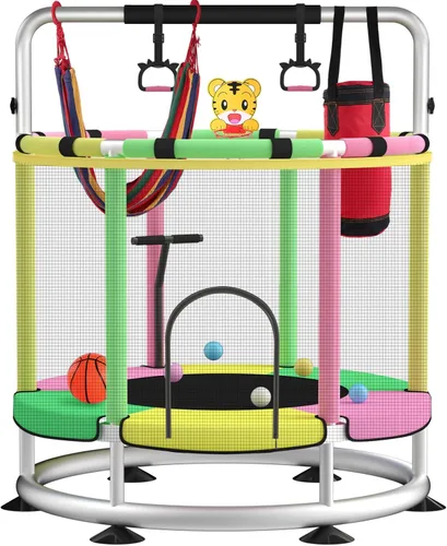 Trampolín para niños, barandilla en T ajustable para bebés, con aro de baloncesto, 440 libras, fondo redondo antivuelco para interiores y