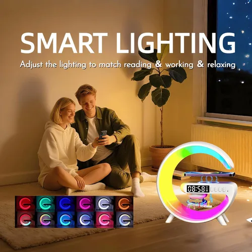 Vista 3 de Lámpara de mesa LED con cargador inalámbrico, lámpara de luz nocturna en forma de G con altavoz Bluetooth, reloj despertador de amanecer, mini