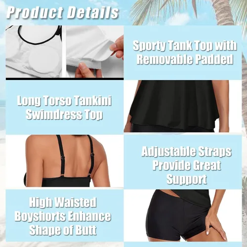 Vista 3 de Urchics - Traje de baño 2023, para mujer, tankini de dos piezas, con control de abdomen, camiseta fluida sin mangas, con short