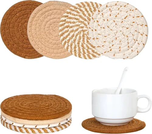 Vista 12 de Juego de 2 posavasos bohemios de macramé, posavasos absorbentes para bebidas, redondos tejidos a mano para decoración bohemia del hogar, posavasos