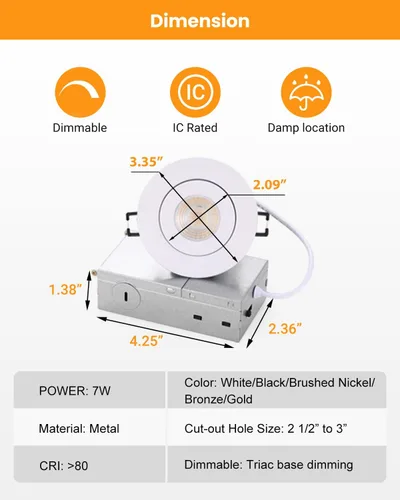 Vista 4 de 7W luces LED empotrables de 3 pulgadas con cardán giratorio, luz descendente direccional ajustable en 360°, iluminación de embutido regulable