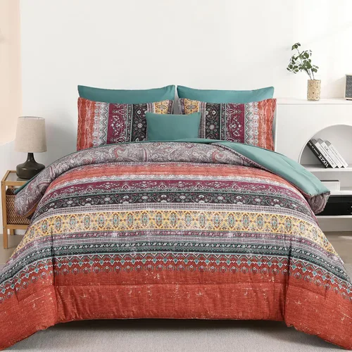 Vista 10 de Cottolester - Juego de edredón bohemio de tamaño matrimonial, 8 piezas, ropa de cama de microfibra suave en una bolsa, rayada y de color aguamarina