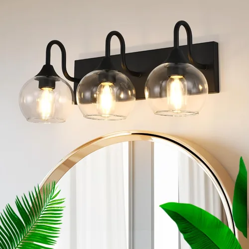 Vista 9 de Lámpara de baño de 3 luces, luces costeras con pantalla de cristal de cristal, lámpara de pared negra para espejo de cocina, pasillo, dormitorio