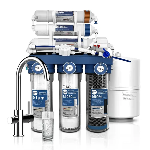 100GPD, sistema alcalino de ósmosis inversa de 6 etapas, sistema de filtro de agua RO de remineralización pH + debajo del fregadero, diseño