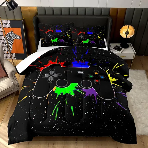 Vista 16 de Ailonen Juego de ropa de cama para videojuegos, tamaño Queen, edredón de 3 piezas y 2 fundas de almohada con tema de control de videojuegos