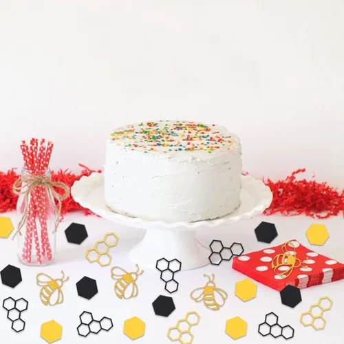 Vista 3 de 100 unidades de confeti de abejas de abejas círculos de panal hexagonal amarillo negro papel confeti para abejas tema abejas decoración de mesa