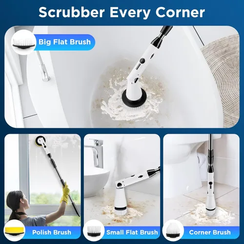 Vista 4 de Limpiador eléctrico giratorio, limpiador de baño, cepillo de limpieza de ducha eléctrico con mango extensible y 4 cabezales de cepillo, limpiador