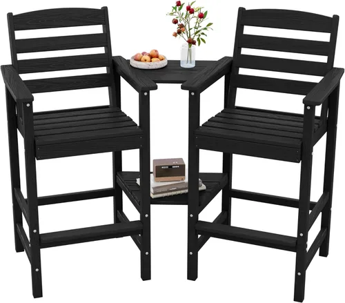 Vista 22 de SERWALL: Juego de 2 sillas Adirondack altas con mesa conectada, taburetes de exterior para todo clima, color azul Aruba