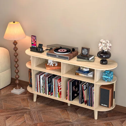 Vista 5 de LUVIOHOME - Soporte grande redondo para tocadiscos con estación de carga y puertos USB, gabinete de almacenamiento para discos de vinilo, mesa