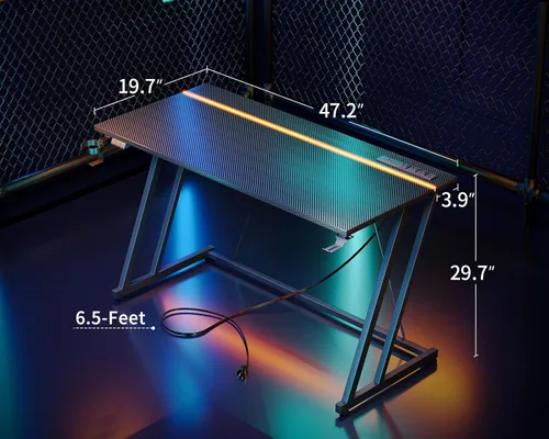 Vista 3 de MOTPK Escritorio pequeño para juegos de 47 pulgadas con luz LED y tomas de corriente, escritorio de computadora para espacios pequeños, mesa