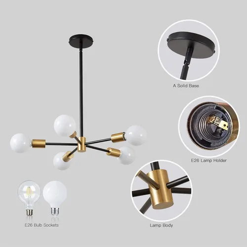 Vista 5 de KAISITE Lámpara de Araña Sputnik - Lámpara de Techo Sputnik Moderna de 5 Luces Altura Ajustable Oro y Negro Iluminación Colgante para Sala de Estar
