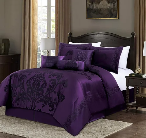 Vista 18 de Chezmoi Collection Juego de edredón floral jacquard de 7 piezas (Queen, azul marino/dorado)
