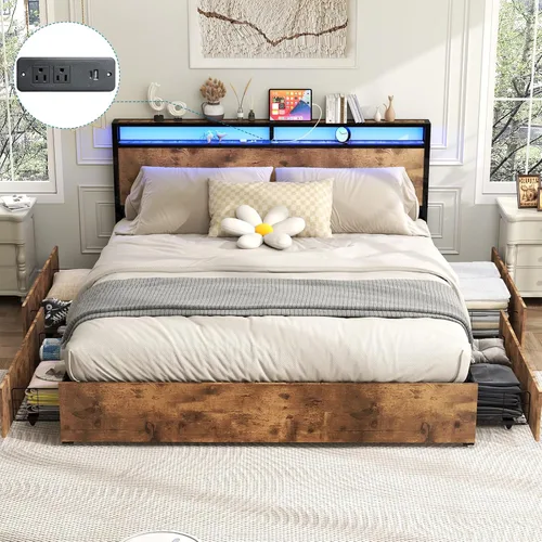 Vista 28 de Kiivakii Estructura de cama tamaño completo con cabecero, cama plataforma LED con 4 cajones de almacenamiento, estación de carga integrada, sin