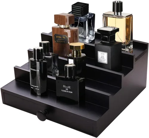 Vista 9 de 4 Tier White Cologne Organizer, Wooden Display Stand with Drawer Storage Blanco-4 niveles