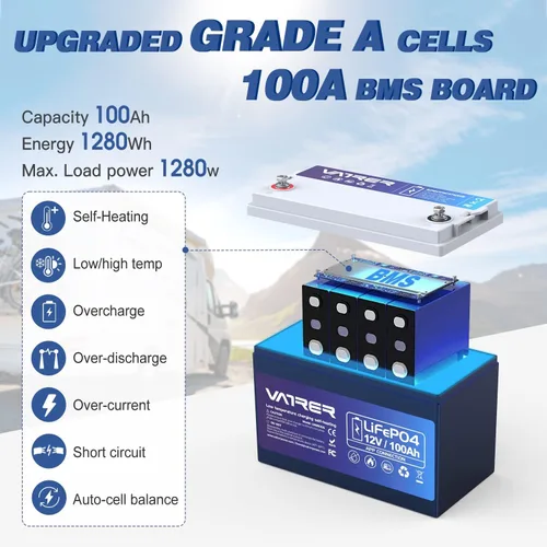 Vista 3 de Batería de litio LiFePO4 de 12 V 100 AH con monitoreo de aplicación y autocalentamiento, BMS integrado de 100 A, soporta carga a baja temperatura