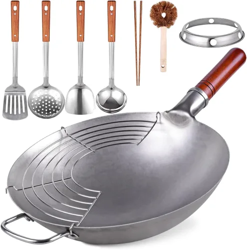 Teewe Wok de acero al carbono tradicional martillado a mano – Wok chino de 13.4 pulgadas de fondo redondo Wok Set con 8 piezas de utensilios de