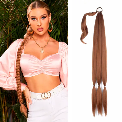 Vista 22 de Paquete de 2 extensiones de cola de caballo trenzada con lazo elástico, lacio, elegante envolvente, extensiones de cola de caballo de 26 pulgadas
