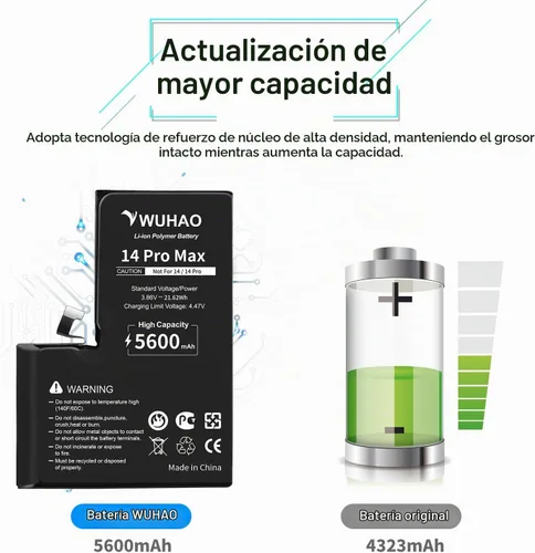 Vista 2 de Batería para iPhone 14 Pro Max, 5600 mAh actualizada para iPhone 14 Pro Max A2894 A2651 A2893 A2895 Batería con protector de lente de cámara +